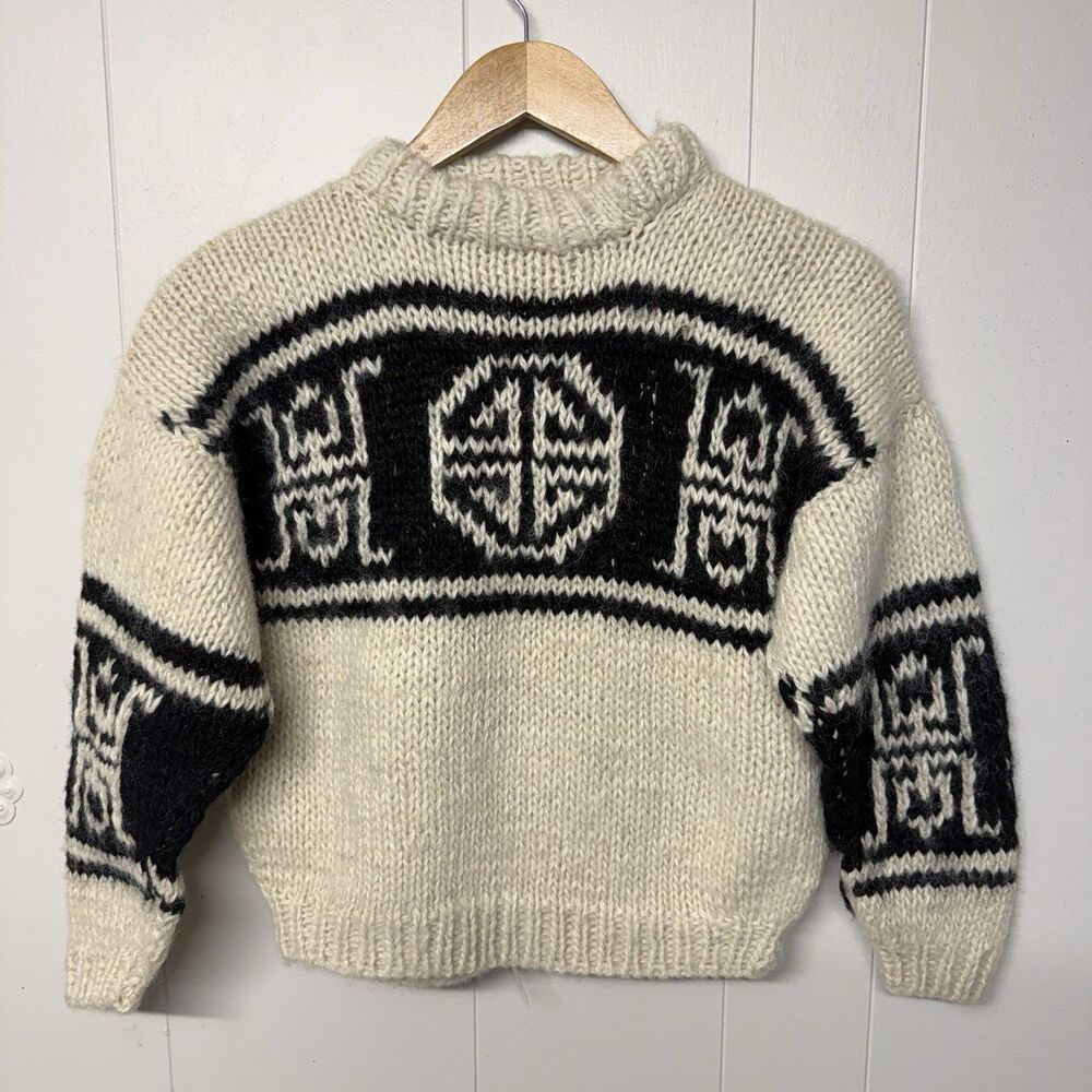 Hand Knitted Himalayan Wool Sweater Chunky Heavy Folk Art Pattern Women XS EUC